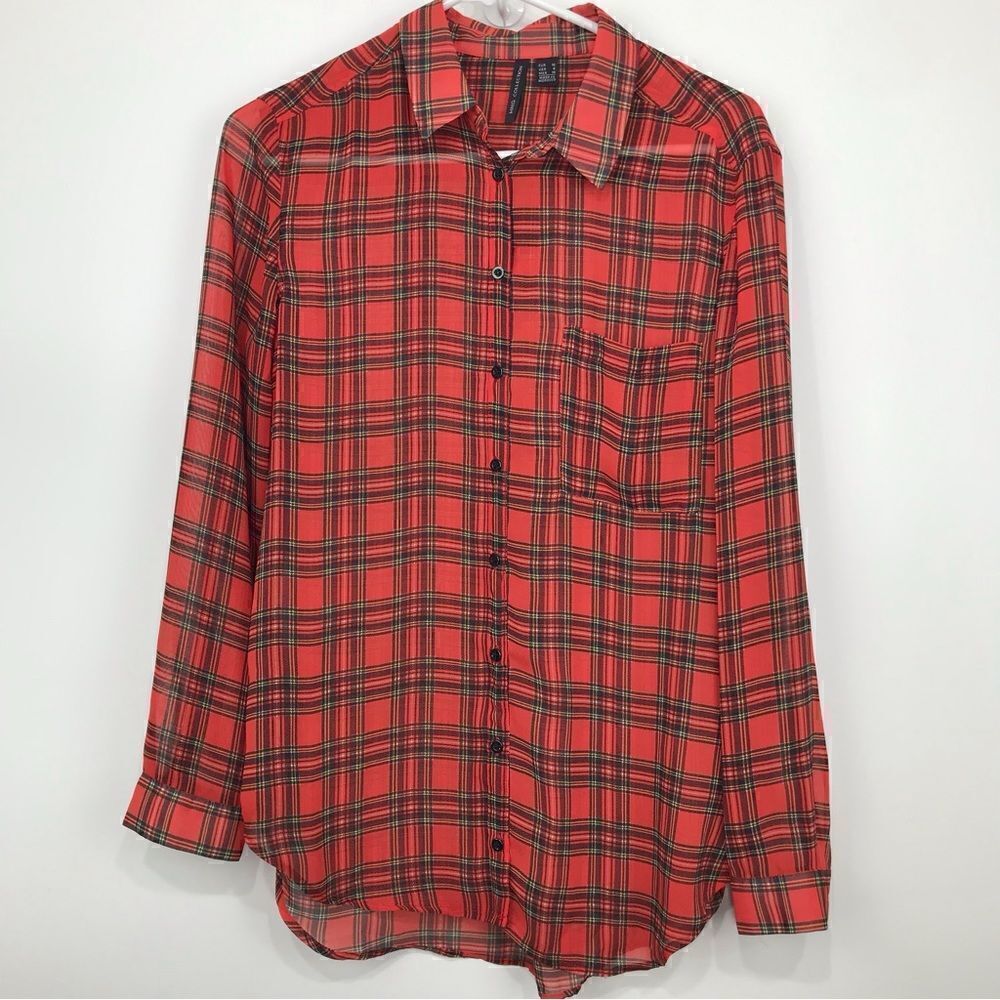 MNG Collection Red Plaid Semi Sheer Lightweight Button Up Long Sleeve Shirt